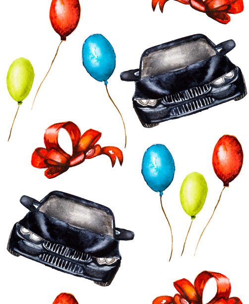 无缝模式手绘水彩黑色汽车与圣诞树和礼物图片下载