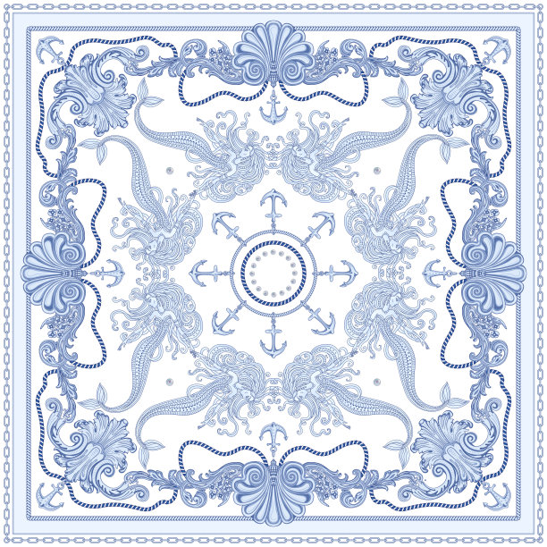 蓝色印花披肩矢量素材：银色链条、船锚、巴洛克风格卷轴、美人鱼和珍珠图案，适用围巾、头巾、领巾图片下载