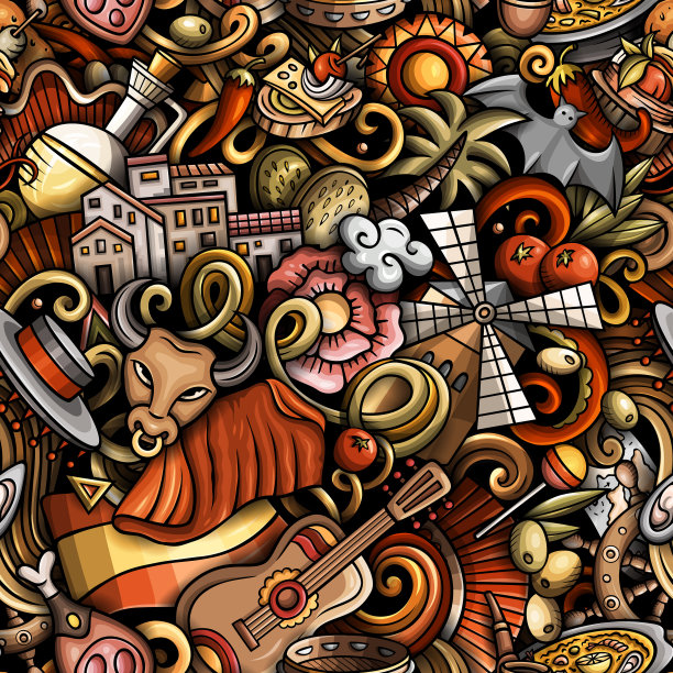 卡通涂鸦西班牙无缝图案。背景与西班牙文化项目图片下载