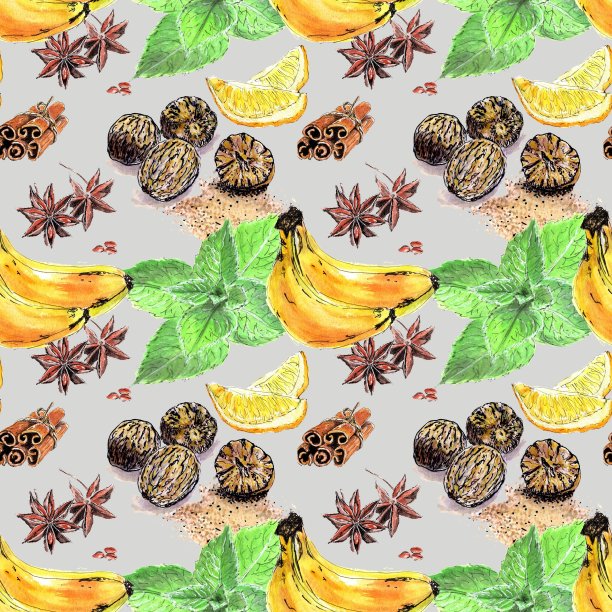 无缝食品模式。香蕉果实的背景。薄荷、香料、柠檬。水彩手绘插图。图片下载