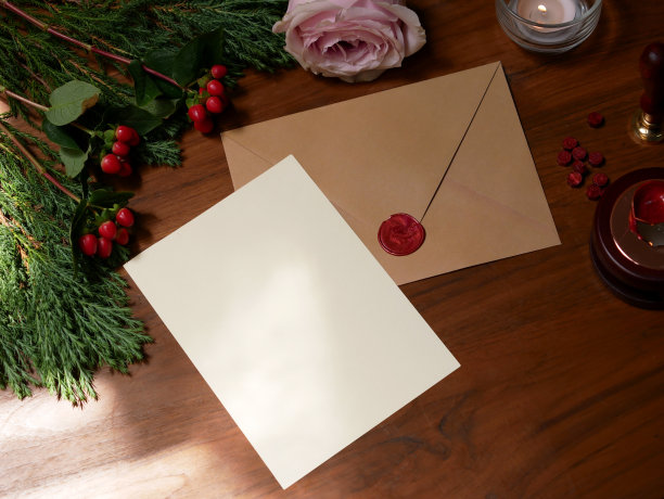 信封背面与红蜡印章和空白卡片邀请模型。俯视图上的木制背景。图片下载