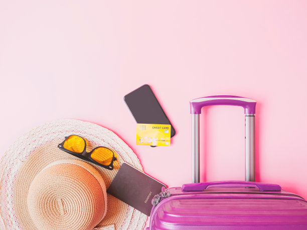 夏季旅游概念从信用卡和手提箱与夏季收集粉红色的背景。图片下载