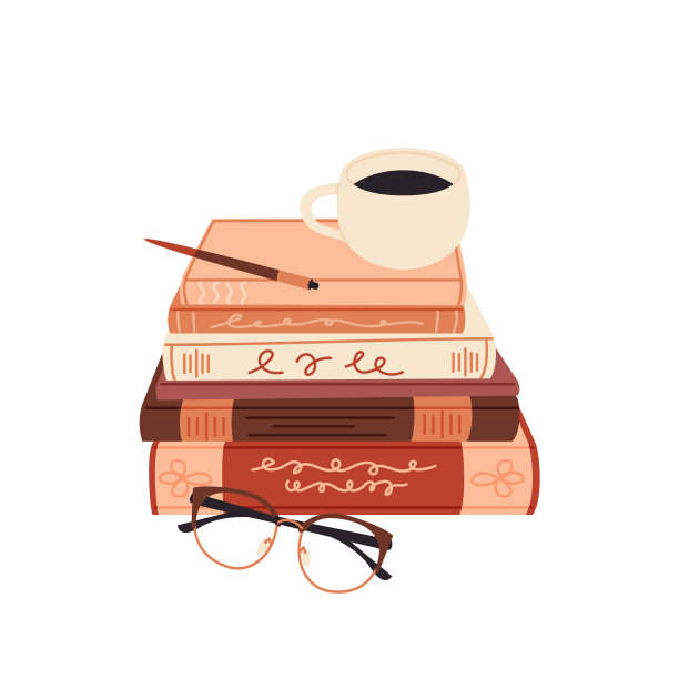 一堆书，一杯咖啡，眼镜和铅笔平卡通插图。图片下载