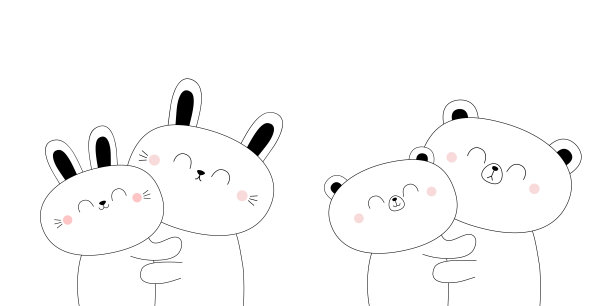 小熊，兔子，兔子，拥抱夫妇，家庭集合。拥抱,拥抱,拥抱。白色的轮廓剪影。可爱的卡哇伊有趣的卡通人物。情人节快乐。灰熊。宝贝宠物背景。平面设计。图片下载
