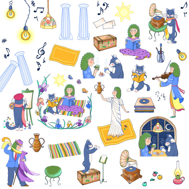 光栅插图，贴纸集，女孩和猫收集。年轻女子，头发是绿色的。孤立的图片下载