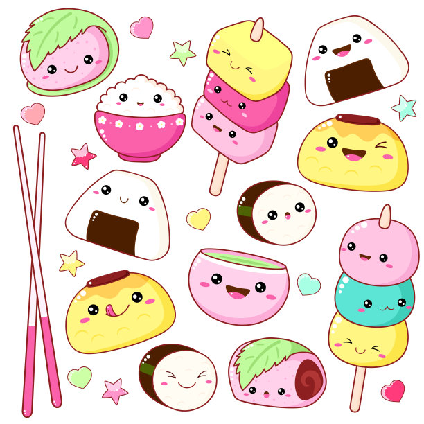 一套可爱的寿司和卷图标在卡哇伊风格图片下载