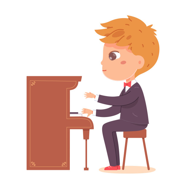 用钢琴演奏音乐的小音乐家。小男孩在舞台上的服装矢量插图。可爱的孩子与乐器表演在比赛中孤立在白色的背景图片下载