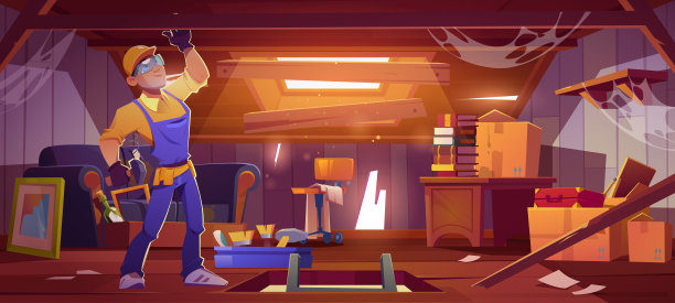 工人修理房子里的旧阁楼。杂工工作图片下载