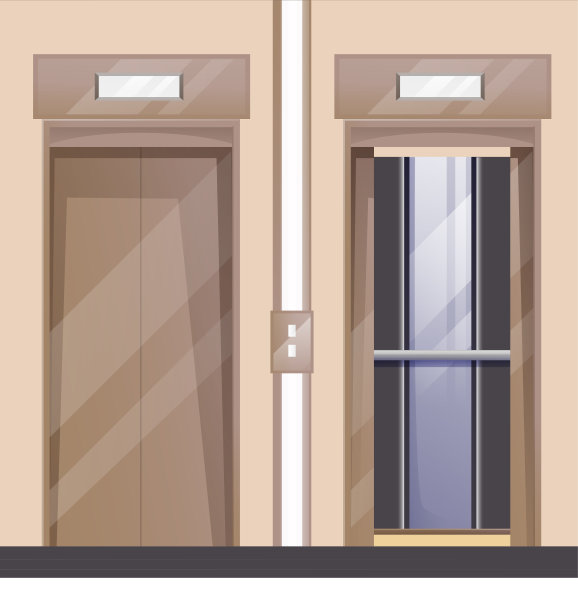 酒店大堂的电梯门。现代电梯封闭和开放在办公建筑矢量插图。逼真的不锈钢门厅室内设计元素的背景图片下载
