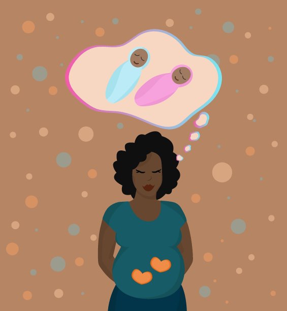 孕妇正在梦见她的孩子。非洲女性想到双胞胎。矢量插图。图片下载
