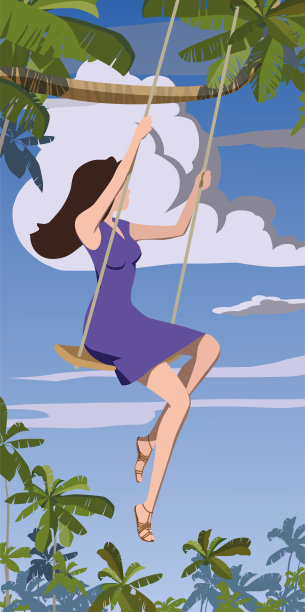 秋千上的女孩，矢量。图片下载
