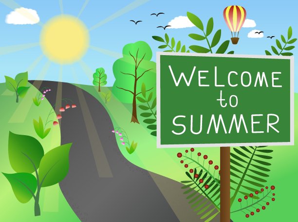 欢迎来到夏日路边的标志。矢量插图。夏季景观与绿色的草和植被和阳光图片下载