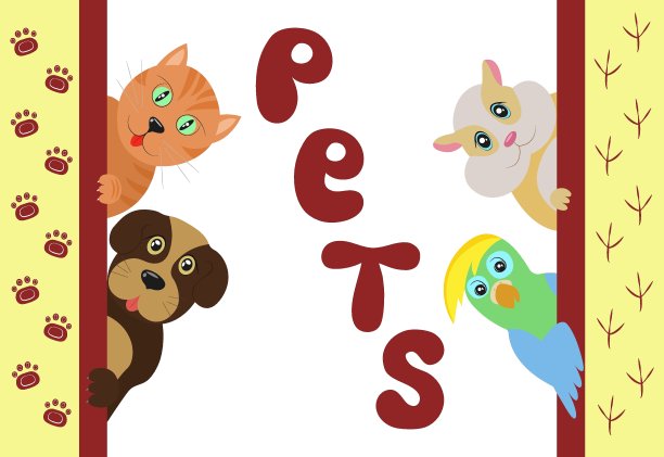 宠物。矢量插图。可爱的卡通猫和狗与仓鼠和家鹦鹉。11月30日世界宠物日。家畜从墙后向外看，露出舌头和微笑。图片下载