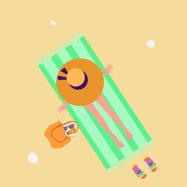 戴着帽子的女人坐在海滩上。女人在海滩上晒日光浴。穿泳装的女人。图片下载