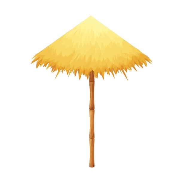 从稻草和竹子卡通风格的海滩伞孤立在白色的背景。夏威夷提基伞，遮阳用具。酒店、海洋热带装饰存量矢量插画。图片下载