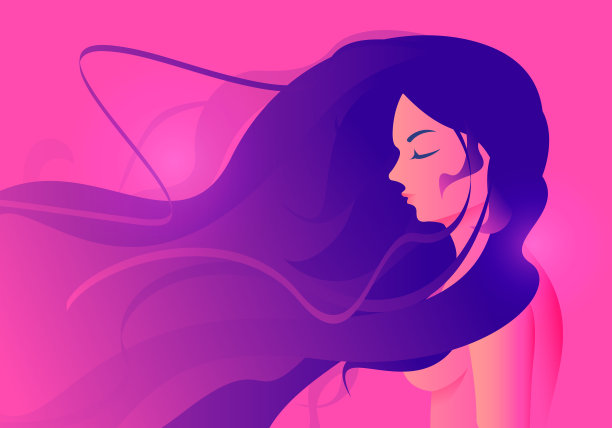 矢量插图霓虹彩色剪影的年轻美丽的长头发的女人。图片下载