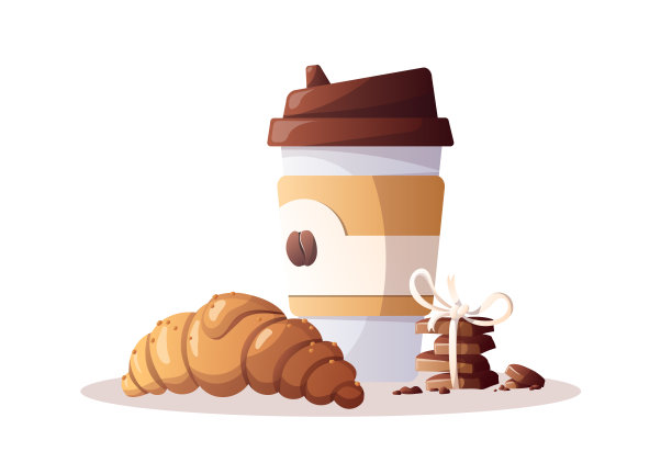 纸杯咖啡，羊角面包，巧克力。咖啡厅，休息，咖啡吧，咖啡爱好者，早餐概念。图片下载