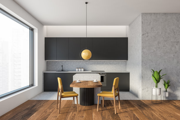 客厅内部有餐桌和厨房用具图片下载