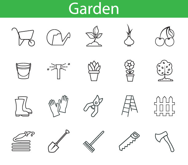 设置花园图标矢量简单细线绘制图标孤立的黑色在白色的背景图片下载