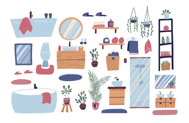 浴室家具。大量收集家具，管道，个人卫生用品。矢量平面设计卡通插图。图片下载