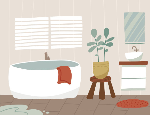 斯堪的纳维亚风格的浴室内部设计，配有浴缸，脸盆，镜子，毛巾。没有打扫的房间，到处都是毛巾和水坑。平面向量插图图片下载