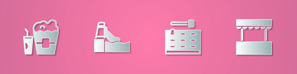 设置剪纸爆米花盒和玻璃，水上滑梯，游戏机和售票处图标。纸艺术风格。向量图片下载