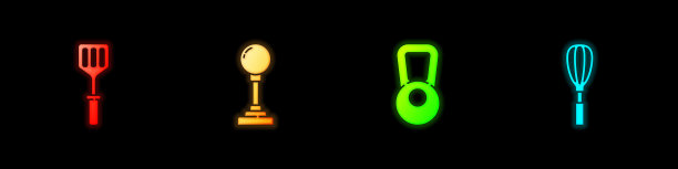 设置铲子，游戏机的操纵杆，壶铃和厨房搅拌器图标。向量图片下载