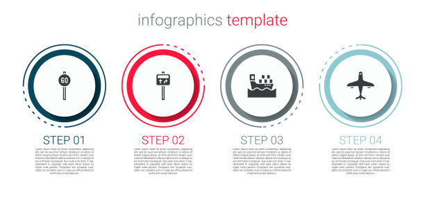 设置限速、路标、载箱货船、飞机。业务信息模板。向量图片下载