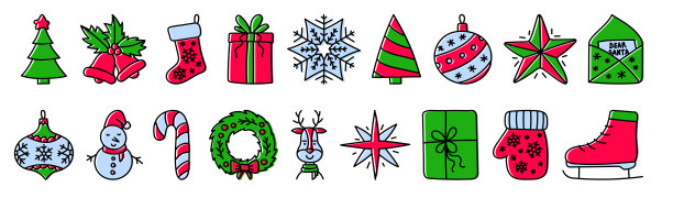 圣诞树草图。涂鸦线网络图标设置。新年节日矢量收藏。贺卡手绘彩色插图。铃铛，雪花，球和星星。礼物,雪人图片下载