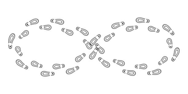 白色背景上黑色无限的脚印。插图印刷设计。股票矢量图像。每股收益10。图片下载