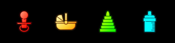 设置婴儿假奶嘴，婴儿车，金字塔玩具和瓶子图标。向量图片下载