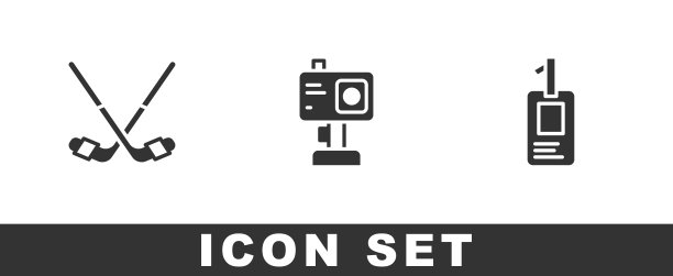 冰球杆、运动相机和识别徽章图标矢量图图片下载