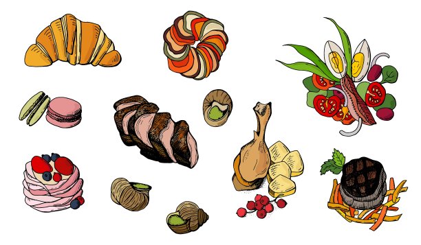 国家的法国菜。法国菜。白色背景隔离。手绘插图。向量。图片下载