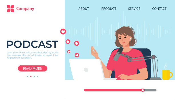 带着笔记本电脑和麦克风，戴着耳机的女人。创建播客、博客、访谈、网络研讨会、在线课程的概念。矢量插图在平面风格，模板为网页横幅，着陆页图片下载