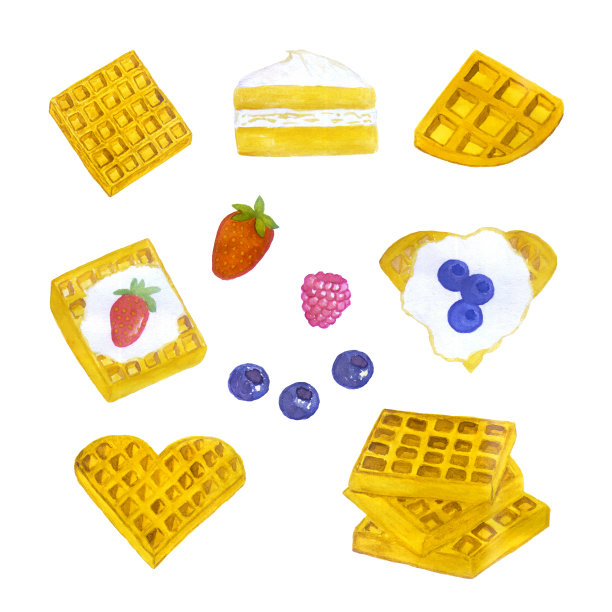 一套水彩元素华夫饼与浆果图片下载