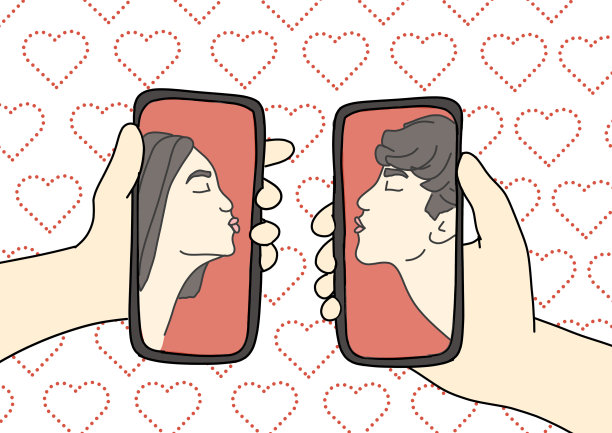 线上约会：情侣通过手机接吻图片下载