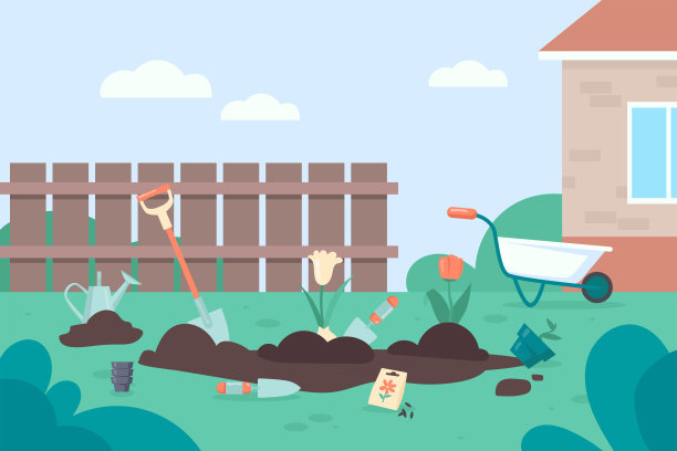 在屋前和篱笆前种植花的园艺工具图片下载