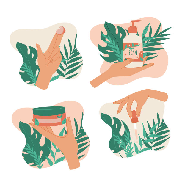 皮肤护理常规。天然生态产品、奶油、油。女性手持美容用品，泡沫管，油，霜。有机化妆品。手势图标设置为美容院。清洁、保湿图片下载