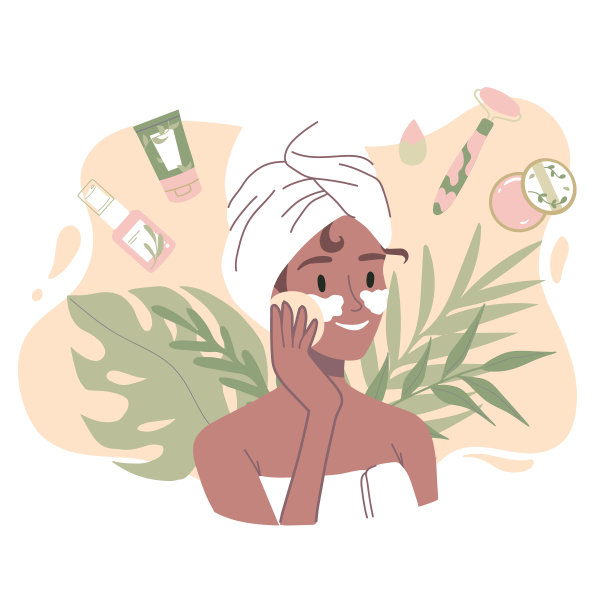 皮肤护理常规。少女面部肌肤，有机天然化妆品。韩国化妆品。非洲妇女在毛巾肖像与眼罩，护理用品。美容程序矢量卡通图标。图片下载