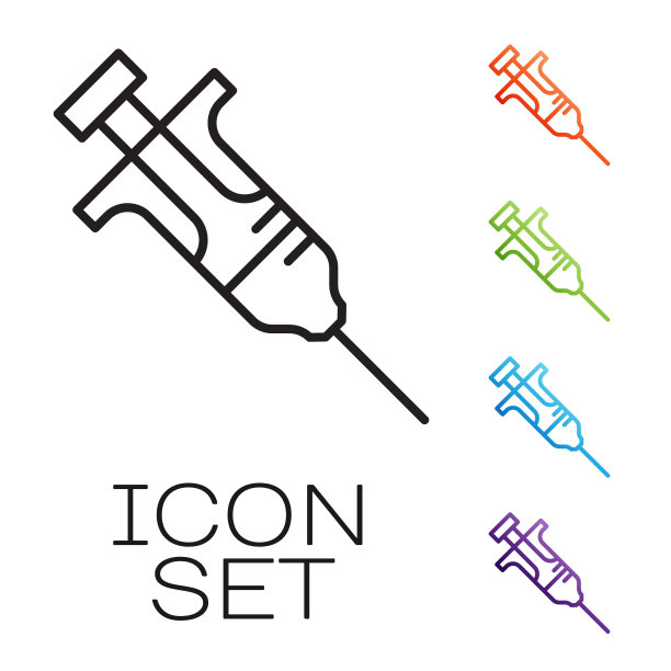 黑线注射器图标隔离在白色背景上。注射疫苗，接种疫苗，注射，流感疫苗。医疗设备。设置图标丰富多彩。向量图片下载