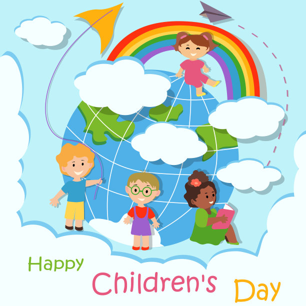 快乐的儿童的一天。海报上有不同性别和国籍的快乐孩子。插图。图片下载
