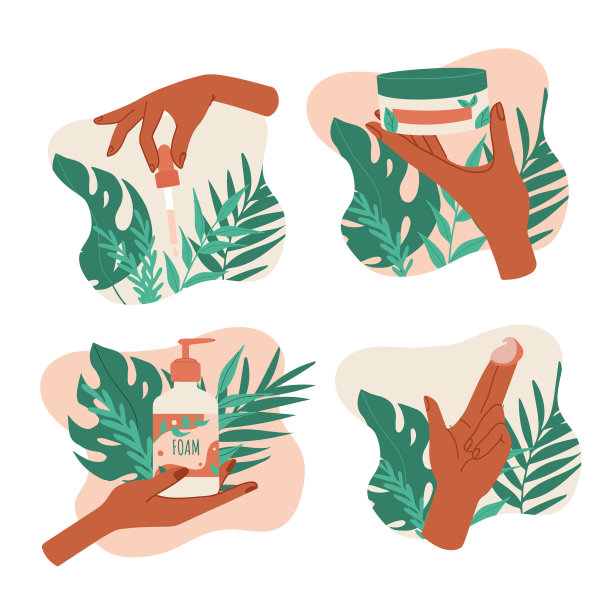 皮肤护理常规。天然生态产品、奶油、油。女性手持美容用品，泡沫管，油，霜。有机化妆品。手势图标设置为美容院。清洁、保湿图片下载