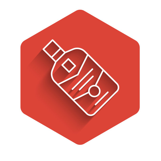 白线威士忌瓶图标孤立有长长的影子。红色六边形按钮。向量图片下载