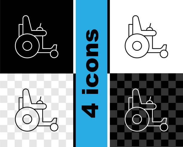 设置线电动轮椅残疾人图标隔离在黑白，透明背景。移动摩托车图标。向量图片下载