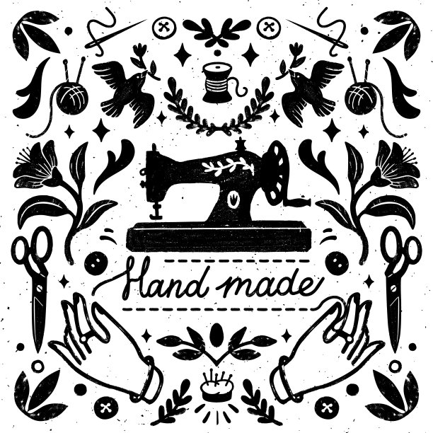 手工对称矢量组成-复古元素邮票风格和缝纫机手工刻字。复古矢量插图横幅和卡片图片下载