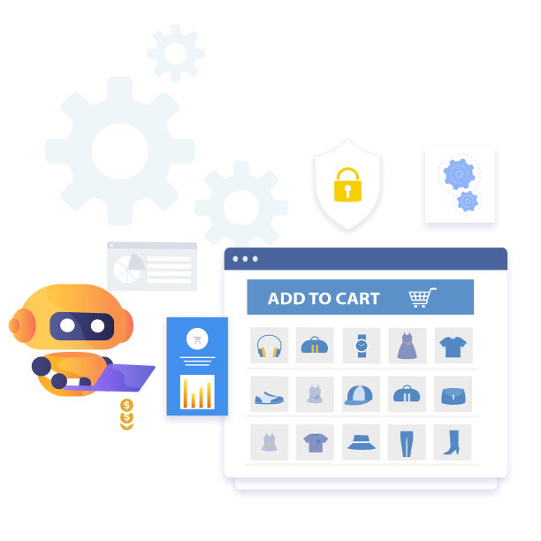 添加到购物车面板与机器人在笔记本电脑上工作图片下载