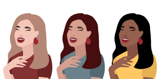 不同肤色，头发和眼睛颜色的年轻女性。种族多样性插图。美丽的女孩笑了，闭上了眼睛。微笑,眼睛、牙齿。《阿凡达》。女人笑了。矢量平面插图白色图片下载