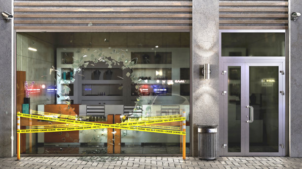 概念玻璃陈列柜破碎的碎片和旁边的犯罪胶带，3d插图图片下载