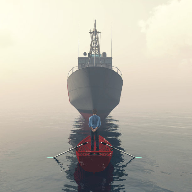 在船前面的小船上的人。新的机遇和发展理念。这是一个3d渲染图。图片下载