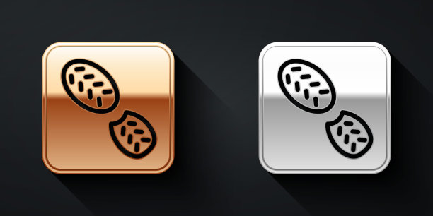 金和银人类脚印鞋图标孤立在黑色背景。鞋鞋底。长长的阴影风格。向量图片下载